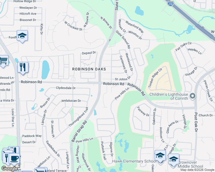 map of restaurants, bars, coffee shops, grocery stores, and more near 1509 Marbellas Court in Corinth
