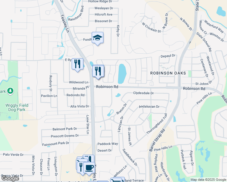 map of restaurants, bars, coffee shops, grocery stores, and more near 5411 Green Ivy Road in Denton