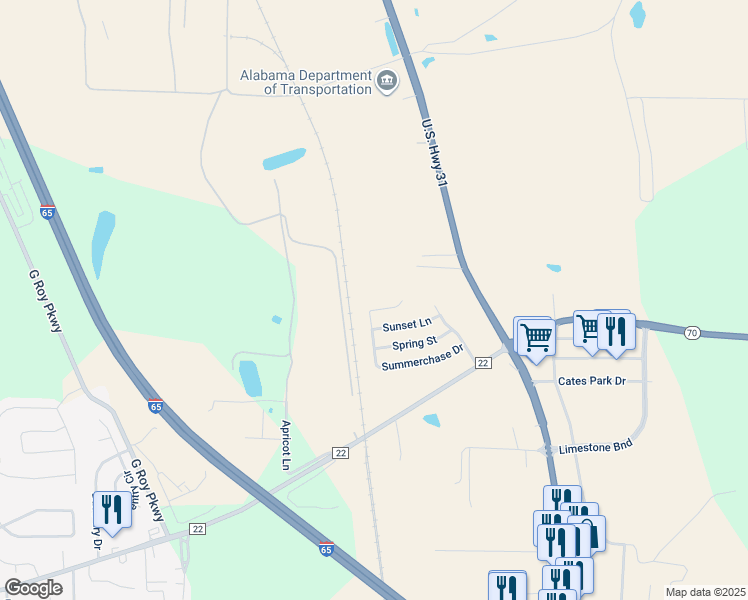 map of restaurants, bars, coffee shops, grocery stores, and more near 437 Summerchase Drive in Calera