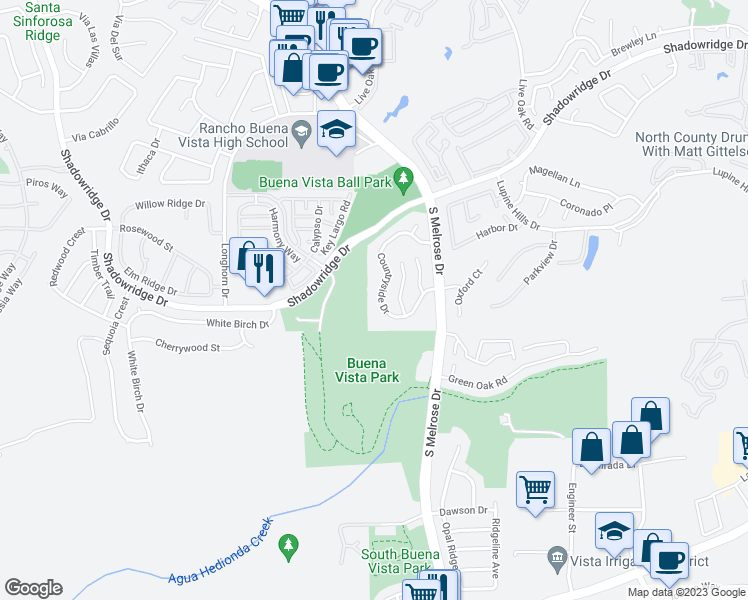 map of restaurants, bars, coffee shops, grocery stores, and more near 1721 Countryside Drive in Vista