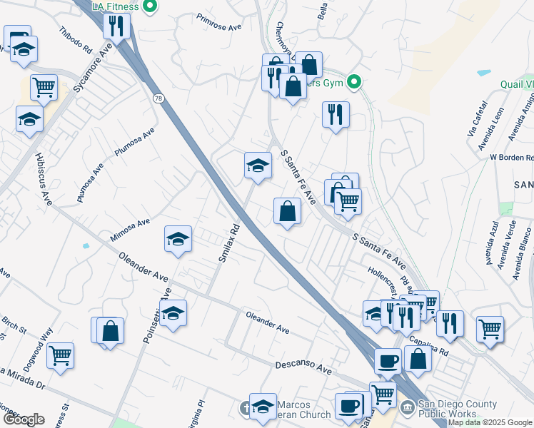 map of restaurants, bars, coffee shops, grocery stores, and more near 310 Smilax Road in San Marcos