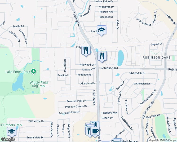 map of restaurants, bars, coffee shops, grocery stores, and more near 2400 Miranda Place in Denton