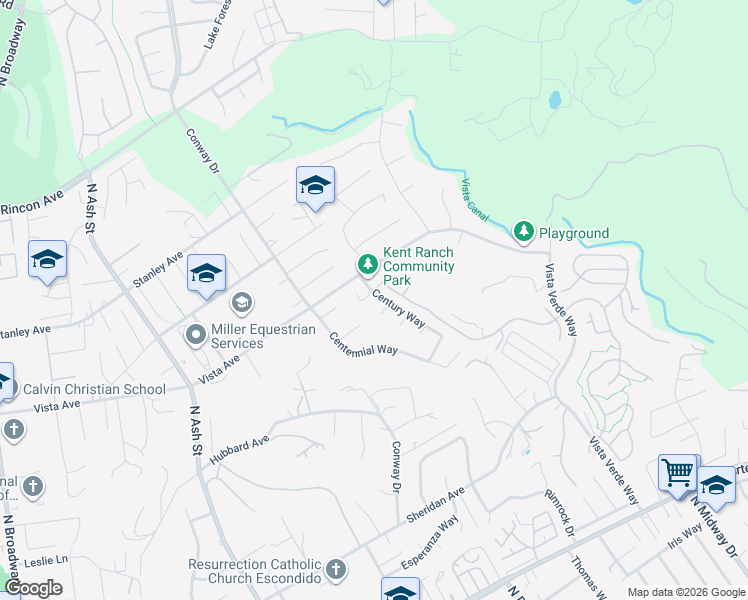 map of restaurants, bars, coffee shops, grocery stores, and more near 1375 Linsay Place in Escondido