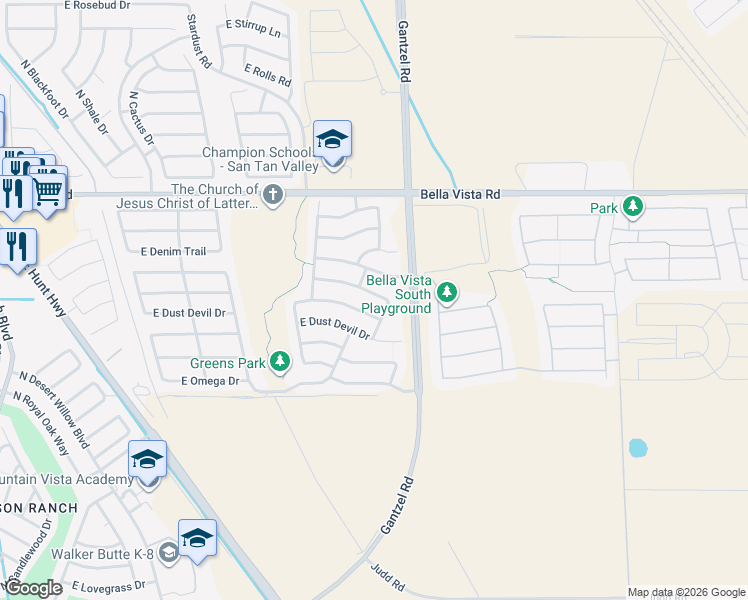 map of restaurants, bars, coffee shops, grocery stores, and more near 1944 East Desert Rose Trail in Queen Creek