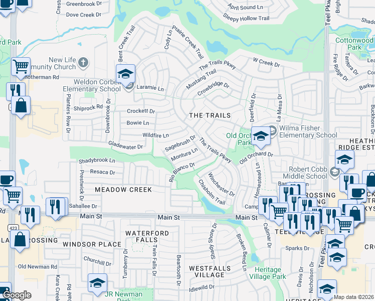 map of restaurants, bars, coffee shops, grocery stores, and more near 1785 Montura Lane in Frisco
