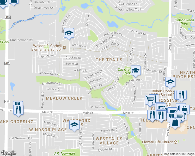 map of restaurants, bars, coffee shops, grocery stores, and more near 1800 Montura Lane in Frisco