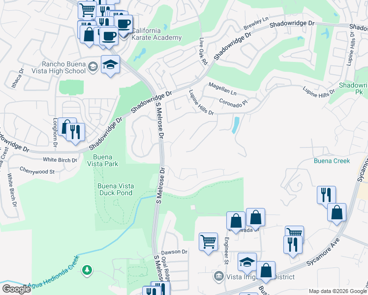 map of restaurants, bars, coffee shops, grocery stores, and more near 1591 Parkview Drive in Vista