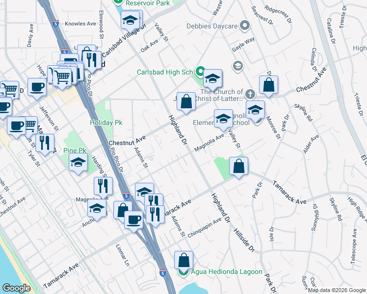 map of restaurants, bars, coffee shops, grocery stores, and more near 3655 Highland Drive in Carlsbad