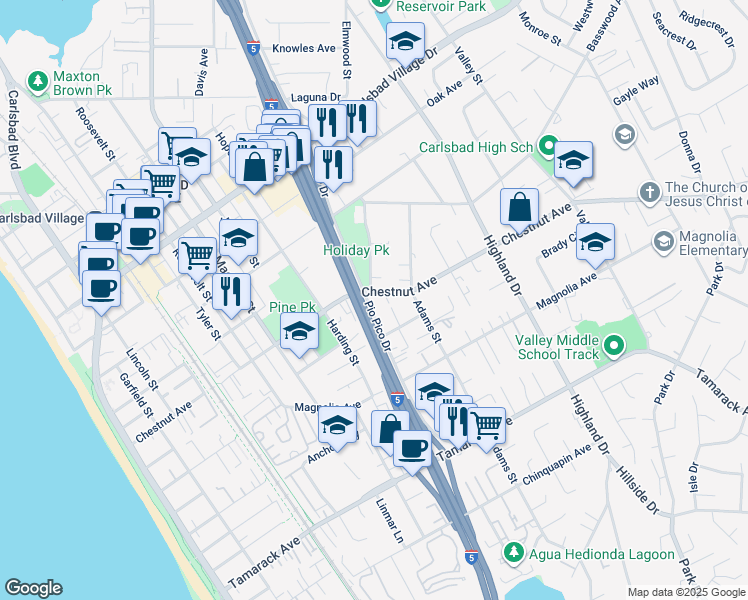 map of restaurants, bars, coffee shops, grocery stores, and more near 1015 Chestnut Avenue in Carlsbad