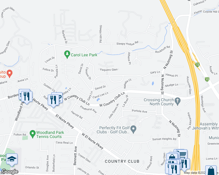 map of restaurants, bars, coffee shops, grocery stores, and more near 1531 David Drive in Escondido