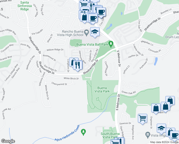 map of restaurants, bars, coffee shops, grocery stores, and more near 2199 Shadowridge Drive in Vista