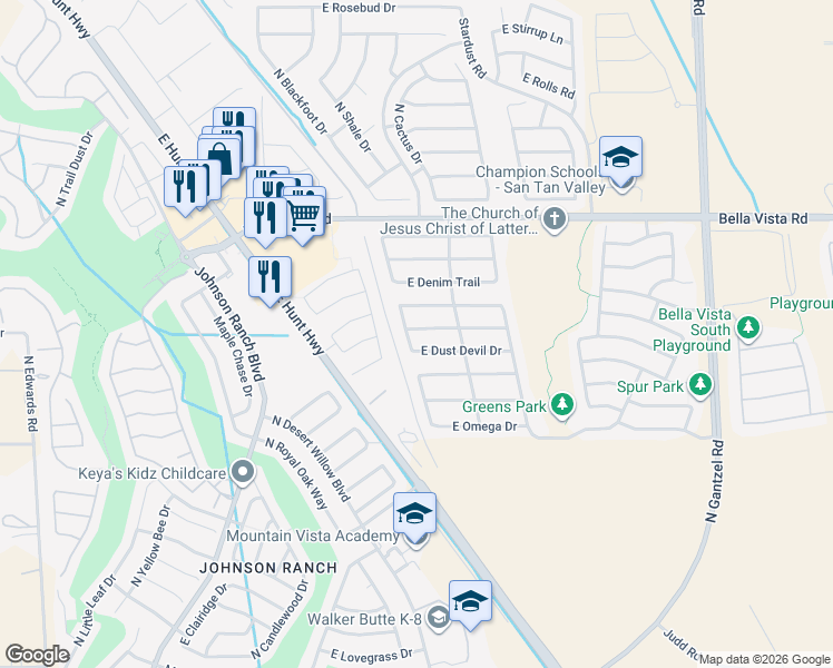 map of restaurants, bars, coffee shops, grocery stores, and more near 957 East Desert Rose Trail in San Tan Valley