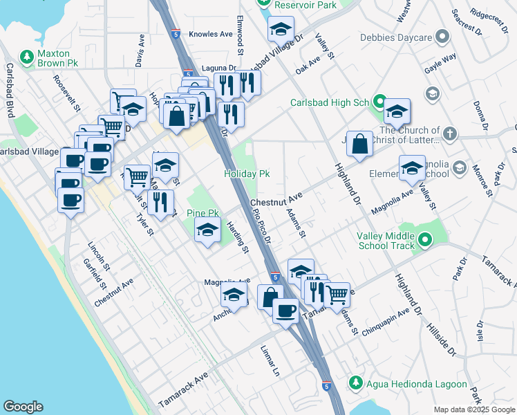 map of restaurants, bars, coffee shops, grocery stores, and more near 1015 Chestnut Avenue in Carlsbad