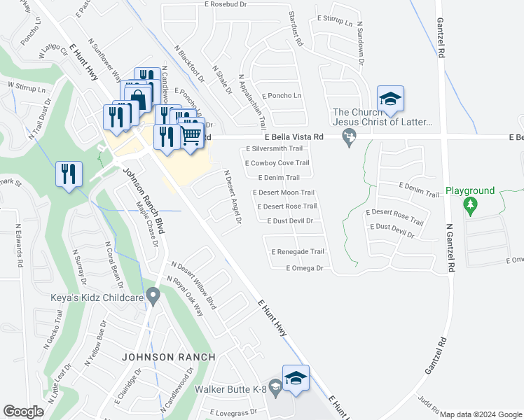 map of restaurants, bars, coffee shops, grocery stores, and more near 957 East Desert Rose Trail in San Tan Valley