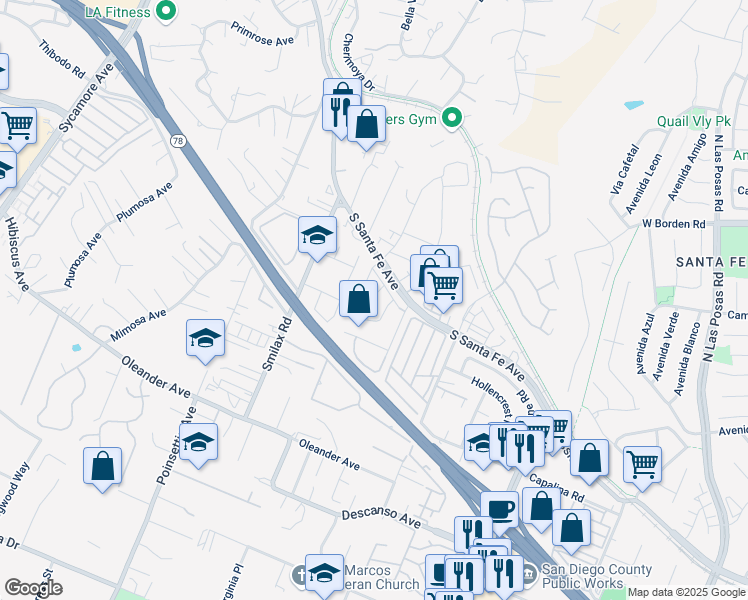 map of restaurants, bars, coffee shops, grocery stores, and more near 2907 South Santa Fe Avenue in San Marcos