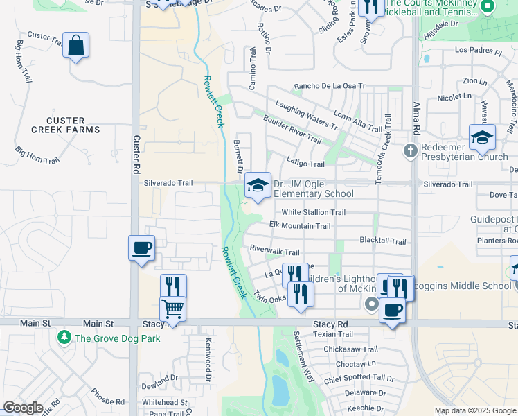 map of restaurants, bars, coffee shops, grocery stores, and more near 4200 Big Fork Trail in McKinney
