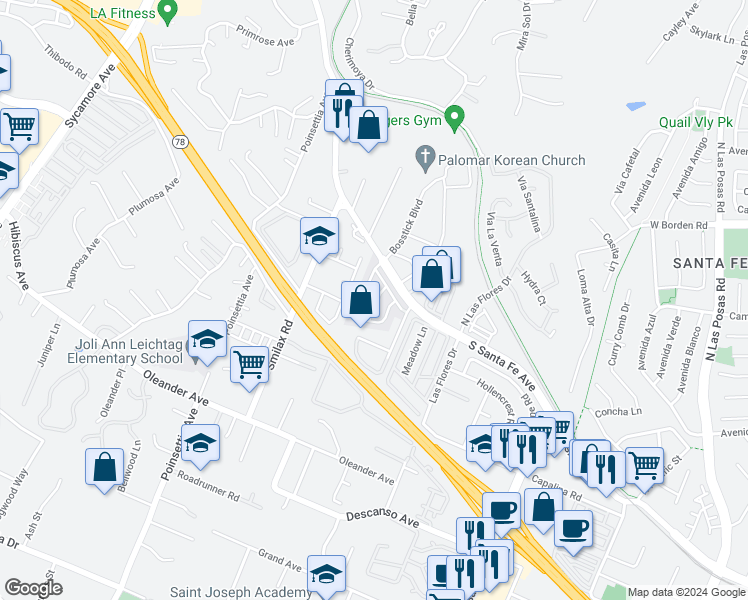 map of restaurants, bars, coffee shops, grocery stores, and more near 2907 South Santa Fe Avenue in San Marcos