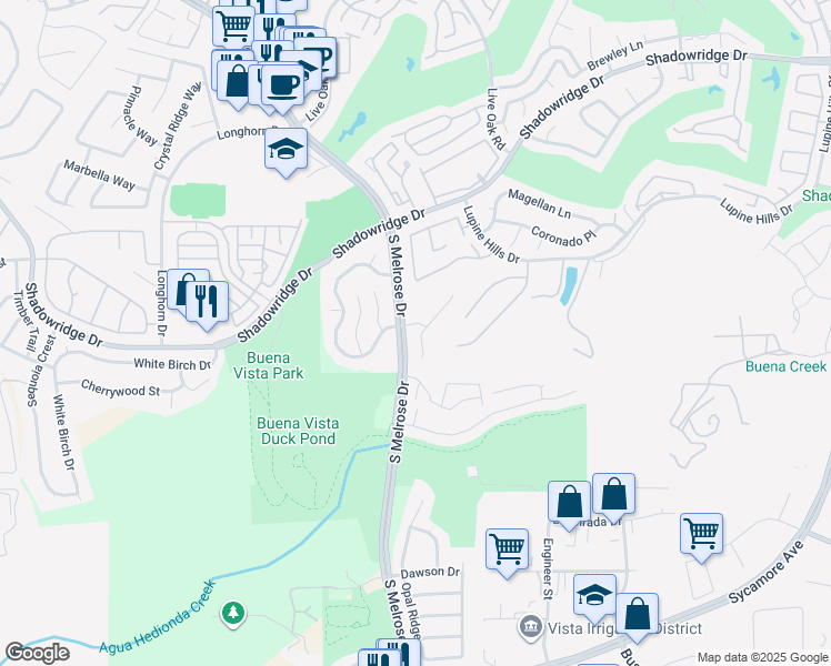 map of restaurants, bars, coffee shops, grocery stores, and more near 1959 Oxford Court in Vista