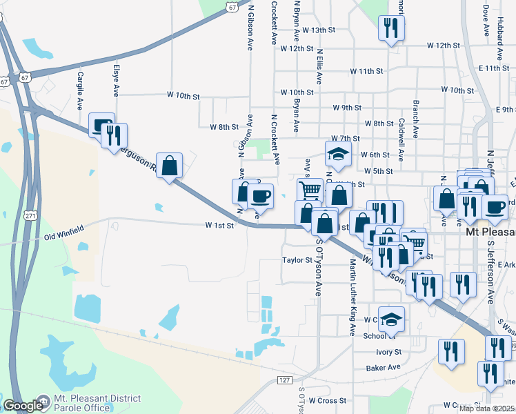 map of restaurants, bars, coffee shops, grocery stores, and more near 1401 West 2nd Street in Mount Pleasant