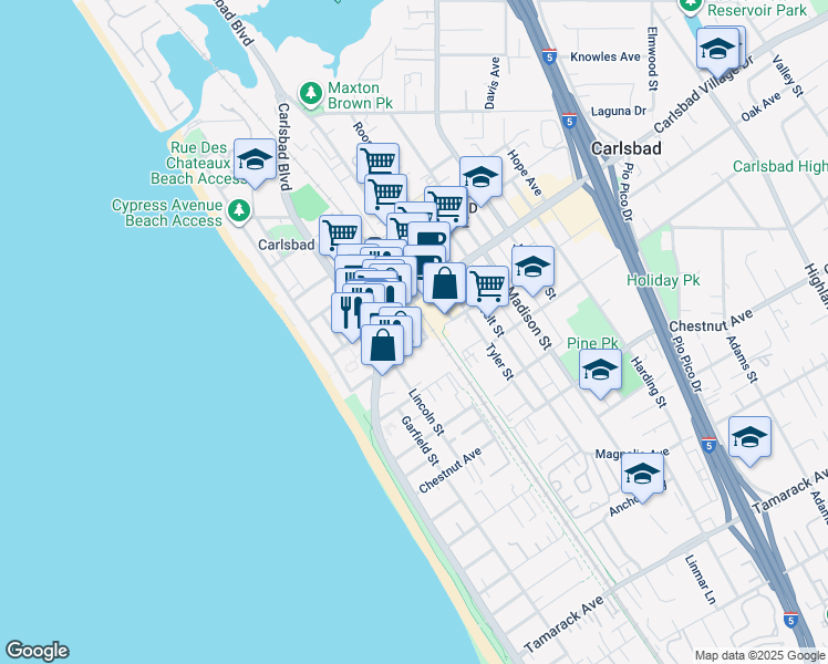 map of restaurants, bars, coffee shops, grocery stores, and more near 201 Oak Avenue in Carlsbad