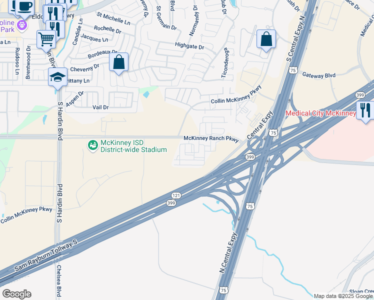 map of restaurants, bars, coffee shops, grocery stores, and more near 2601 McKinney Ranch Parkway in McKinney