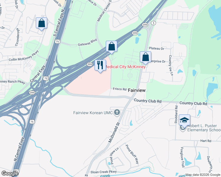 map of restaurants, bars, coffee shops, grocery stores, and more near 4820 Medical Center Drive in McKinney
