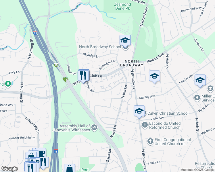 map of restaurants, bars, coffee shops, grocery stores, and more near 2148 Woodbury Place in Escondido