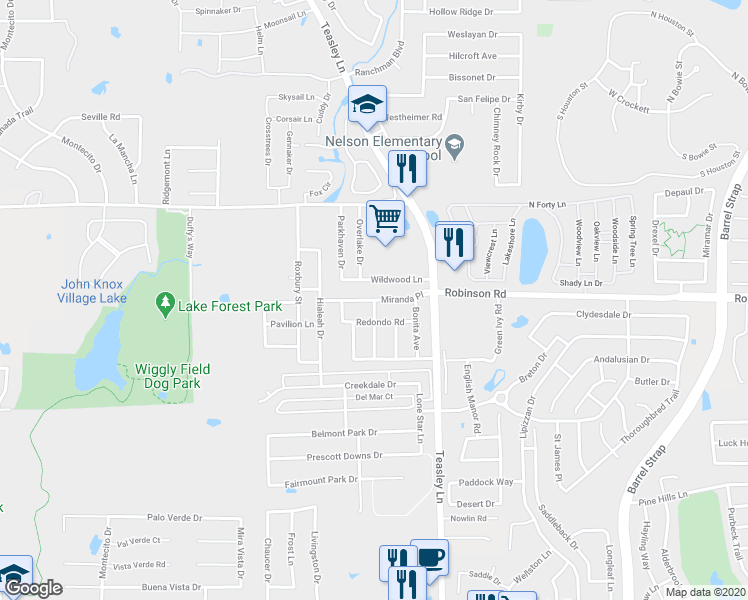map of restaurants, bars, coffee shops, grocery stores, and more near 2224 Miranda Place in Denton