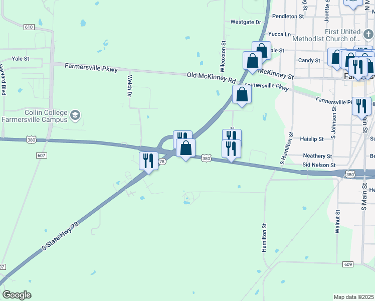 map of restaurants, bars, coffee shops, grocery stores, and more near 409 South State Highway 78 in Farmersville
