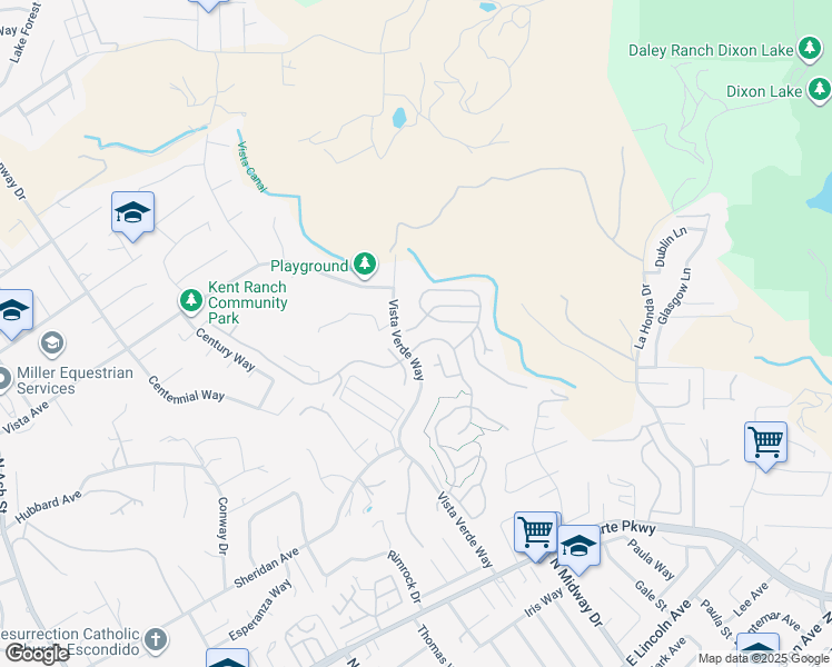 map of restaurants, bars, coffee shops, grocery stores, and more near 1548 Alameda Glen in Escondido