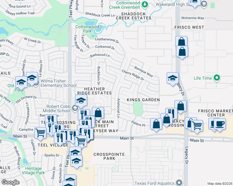 map of restaurants, bars, coffee shops, grocery stores, and more near 9446 Ironwood Drive in Frisco