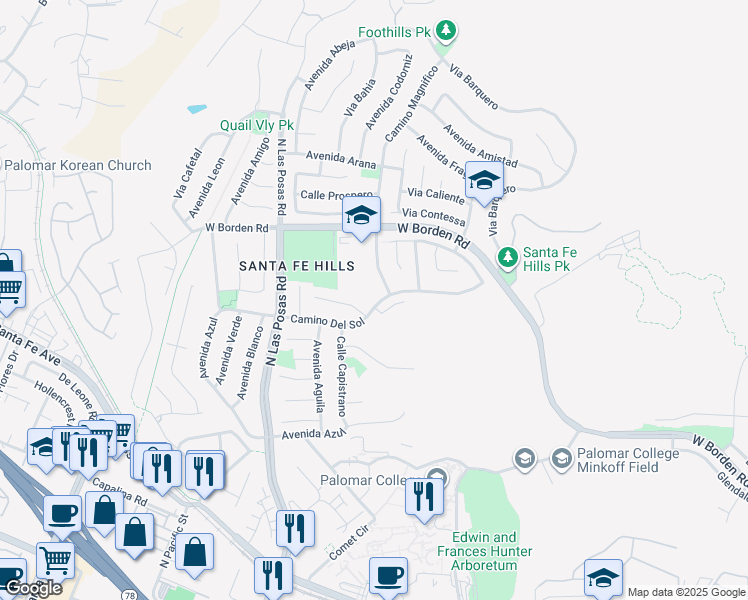 map of restaurants, bars, coffee shops, grocery stores, and more near 1097 Camino Del Sol in San Marcos