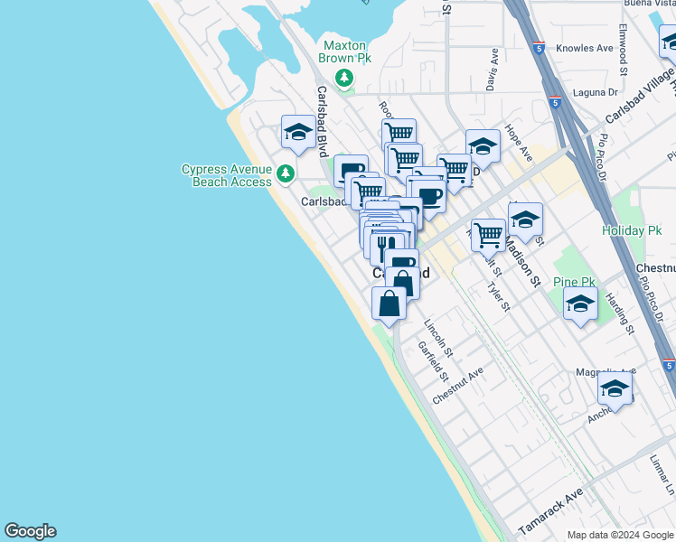map of restaurants, bars, coffee shops, grocery stores, and more near 2901 Ocean Street in Carlsbad