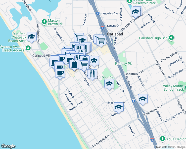 map of restaurants, bars, coffee shops, grocery stores, and more near 3274 Roosevelt Street in Carlsbad