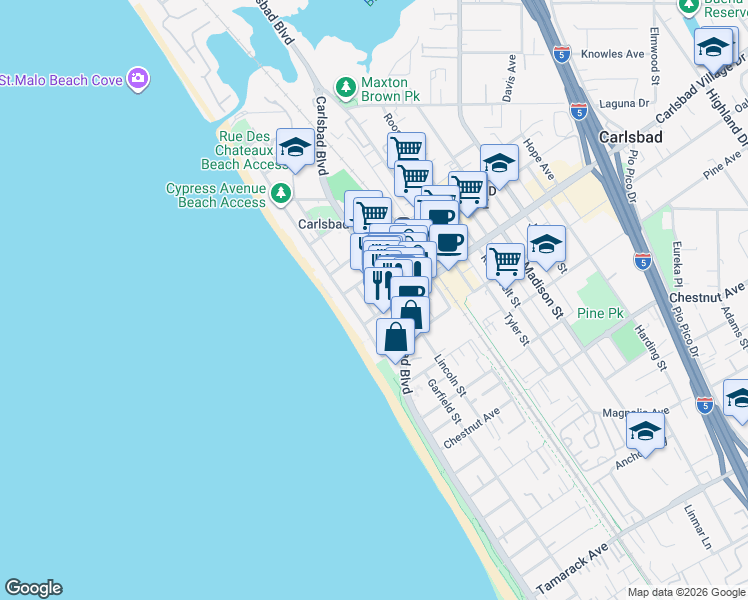 map of restaurants, bars, coffee shops, grocery stores, and more near 2950 Ocean Street in Carlsbad