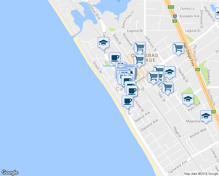 map of restaurants, bars, coffee shops, grocery stores, and more near 2955 Ocean Street in Carlsbad