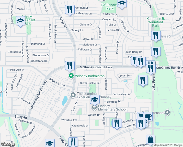 map of restaurants, bars, coffee shops, grocery stores, and more near 5813 Broken Spur in McKinney