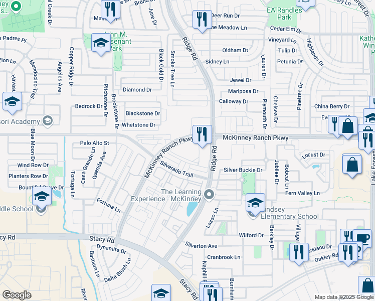 map of restaurants, bars, coffee shops, grocery stores, and more near 6077 Roper Road in McKinney