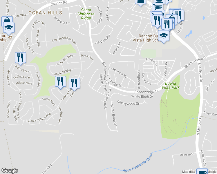 map of restaurants, bars, coffee shops, grocery stores, and more near 1878 Timber Trail in Vista