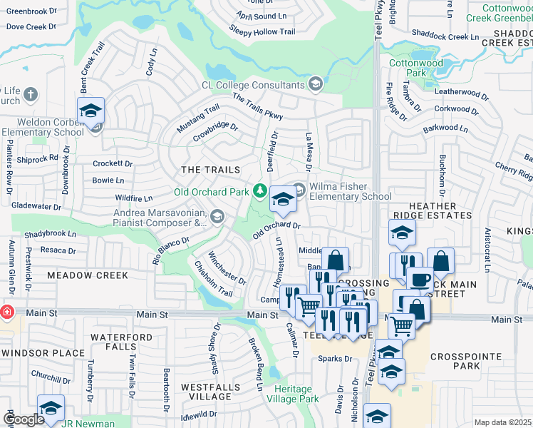 map of restaurants, bars, coffee shops, grocery stores, and more near 2500 Old Orchard Drive in Frisco