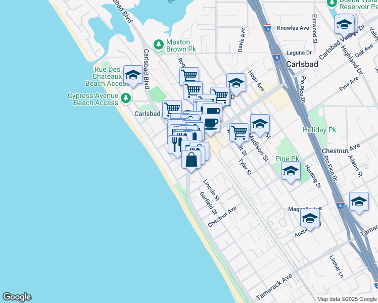map of restaurants, bars, coffee shops, grocery stores, and more near 305 Carlsbad Village Drive in Carlsbad