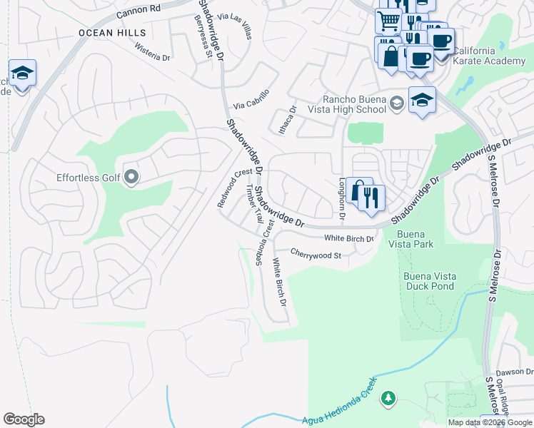 map of restaurants, bars, coffee shops, grocery stores, and more near 1878 Timber Trail in Vista