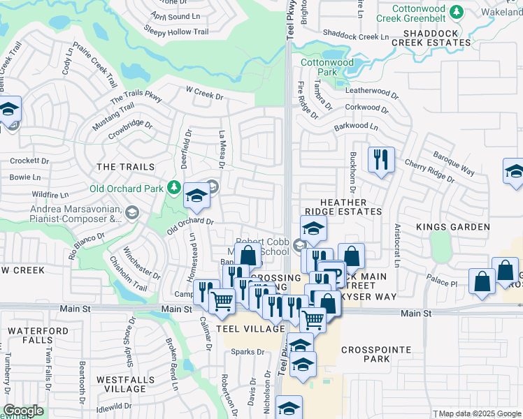 map of restaurants, bars, coffee shops, grocery stores, and more near 9602 Dickens Lane in Frisco
