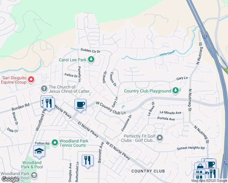 map of restaurants, bars, coffee shops, grocery stores, and more near 2025 Camino Drive in Escondido