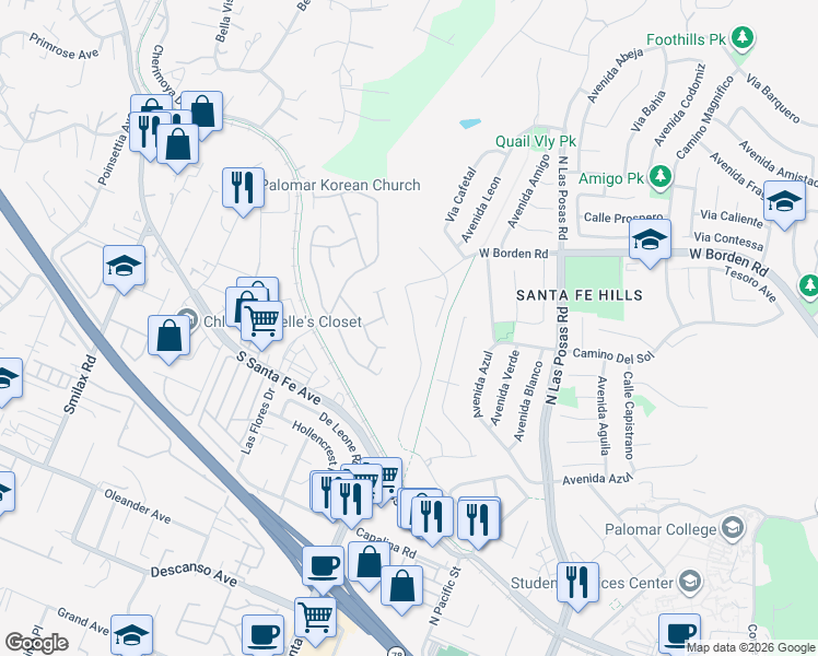 map of restaurants, bars, coffee shops, grocery stores, and more near 1548 Loma Alta Drive in San Marcos