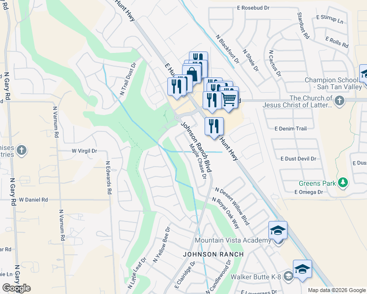 map of restaurants, bars, coffee shops, grocery stores, and more near 30725 North Royal Oak Way in San Tan Valley