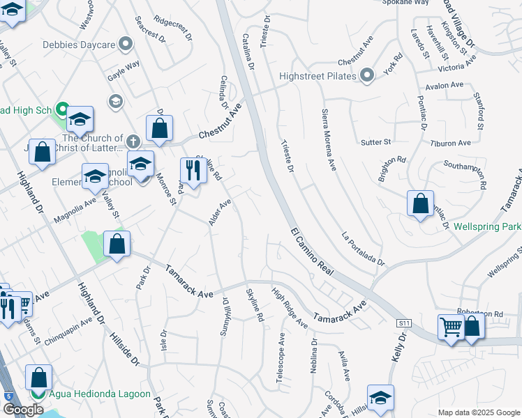 map of restaurants, bars, coffee shops, grocery stores, and more near 3920 Holly Brae Lane in Carlsbad