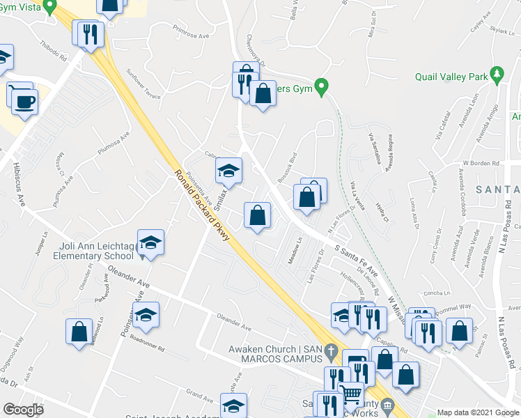map of restaurants, bars, coffee shops, grocery stores, and more near 230 Avenida de Suerte in San Marcos