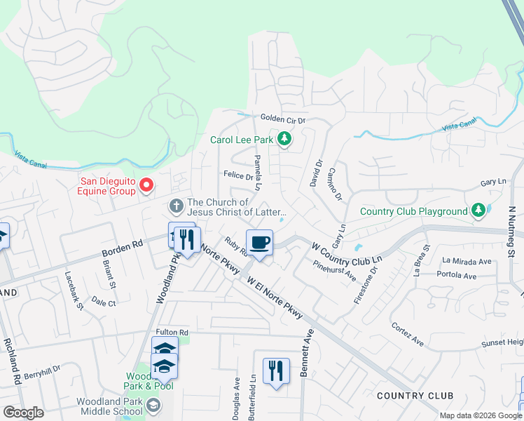 map of restaurants, bars, coffee shops, grocery stores, and more near 1884 Fairway Park in Escondido