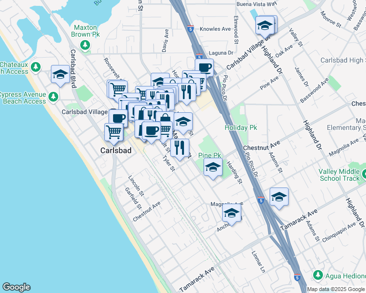 map of restaurants, bars, coffee shops, grocery stores, and more near 3169 Madison Street in Carlsbad